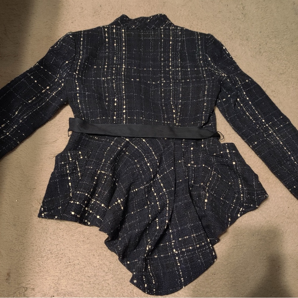 Nanette Lepore Maddalena Tweed Blue Blazer Belted Mermaid Asymmetric Size 4 Navy - Picture 9 of 10